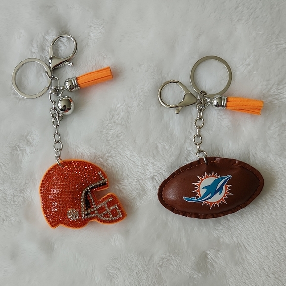 Miami Dolphins Football And Orange Helmet Keychain Set Bag Charm - Picture 1 of 4